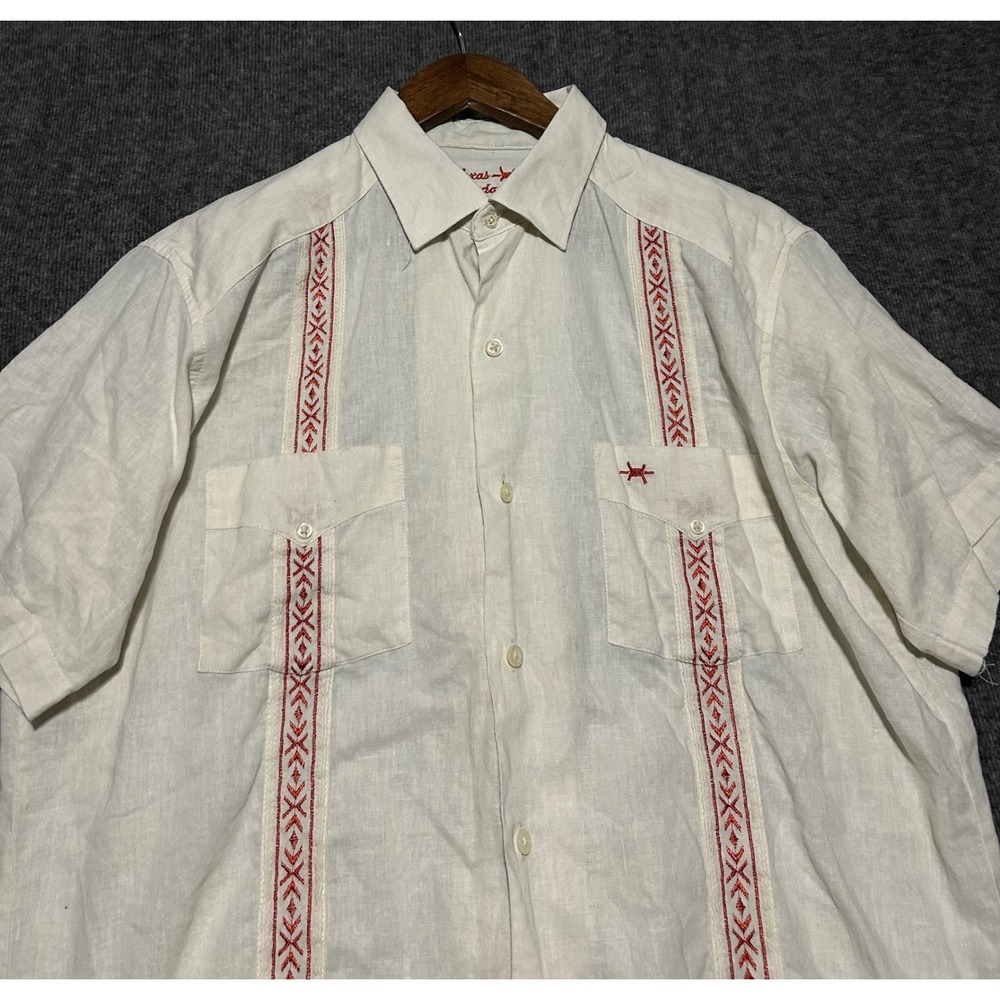 Texas Standard Short Sleeve Button-Down Shirt - Cream with Red/Maroon Trin